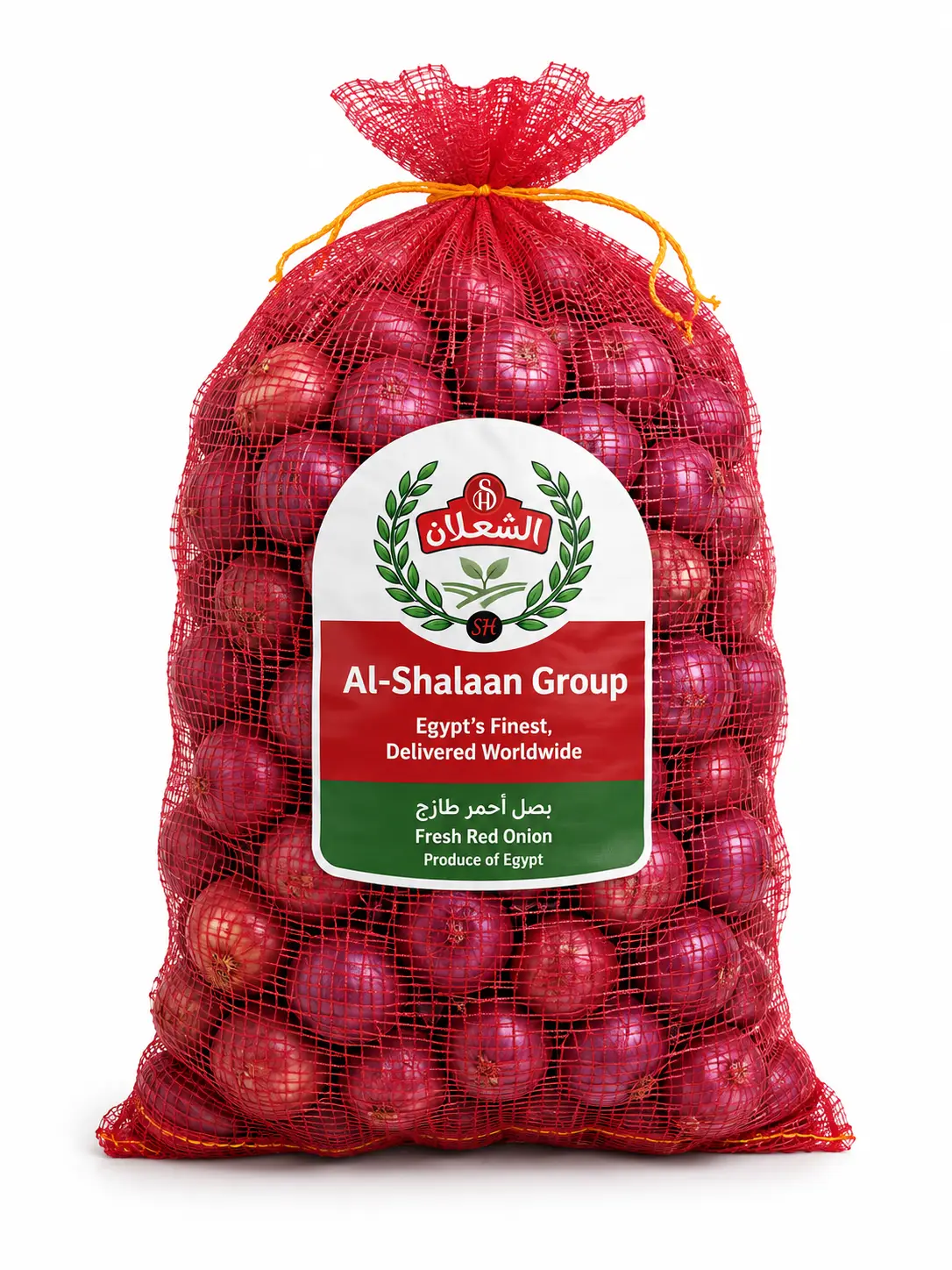 Egyptian onions — golden, red and white. All calibers, mesh-bagged for export.