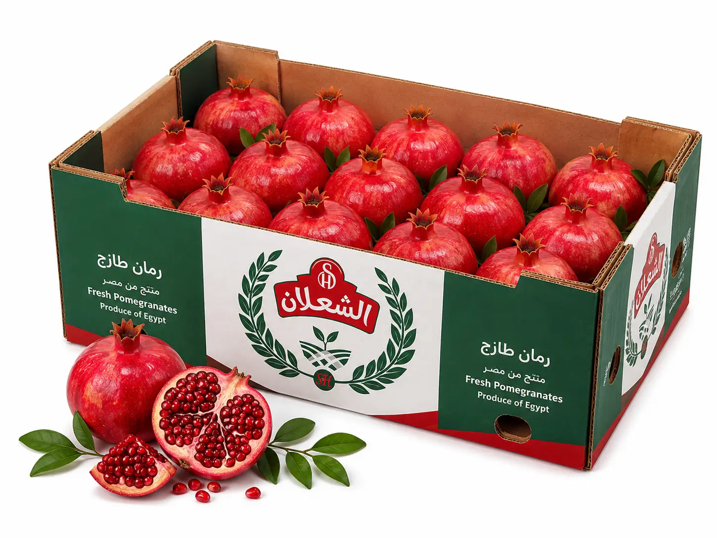 Deep red Egyptian pomegranates — sweet, juicy arils, high antioxidant content.